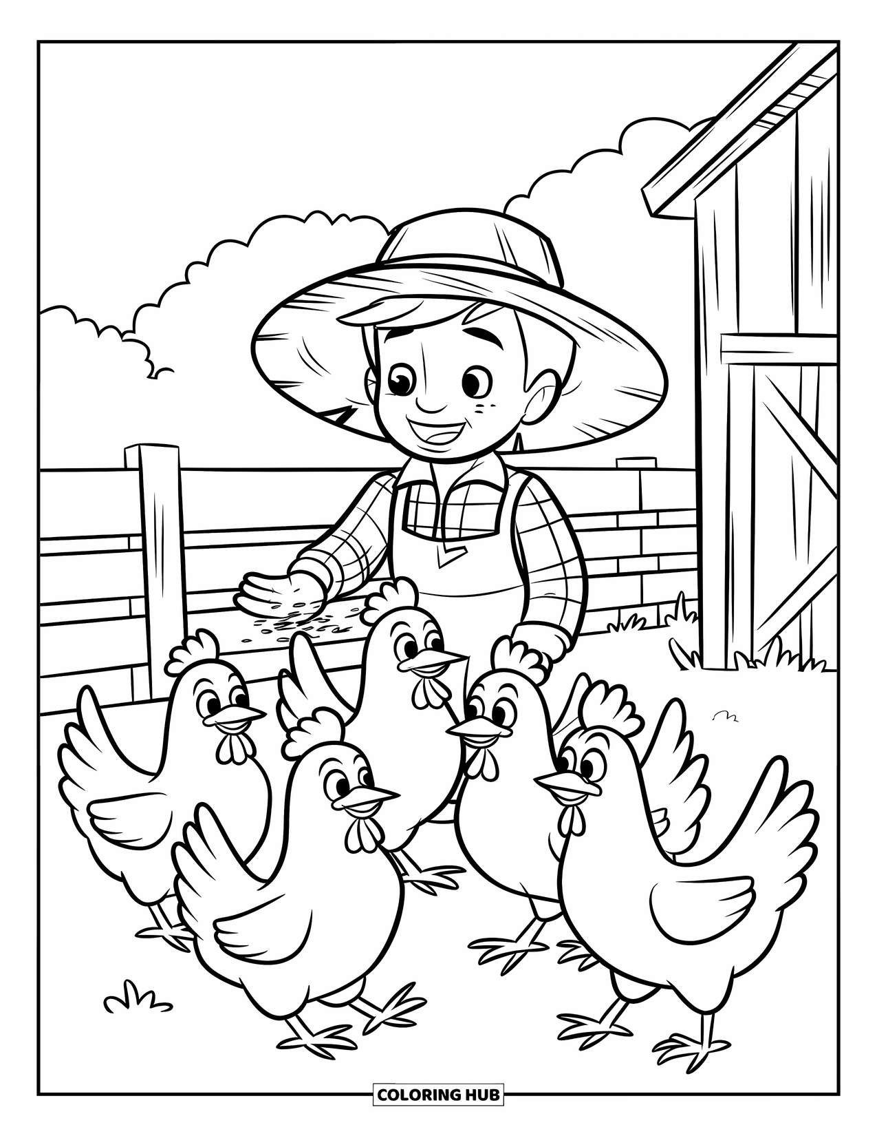 Disegno da colorare Fattoria per bambini: Un contadino con un cappello di paglia getta cibo a polli desiderosi