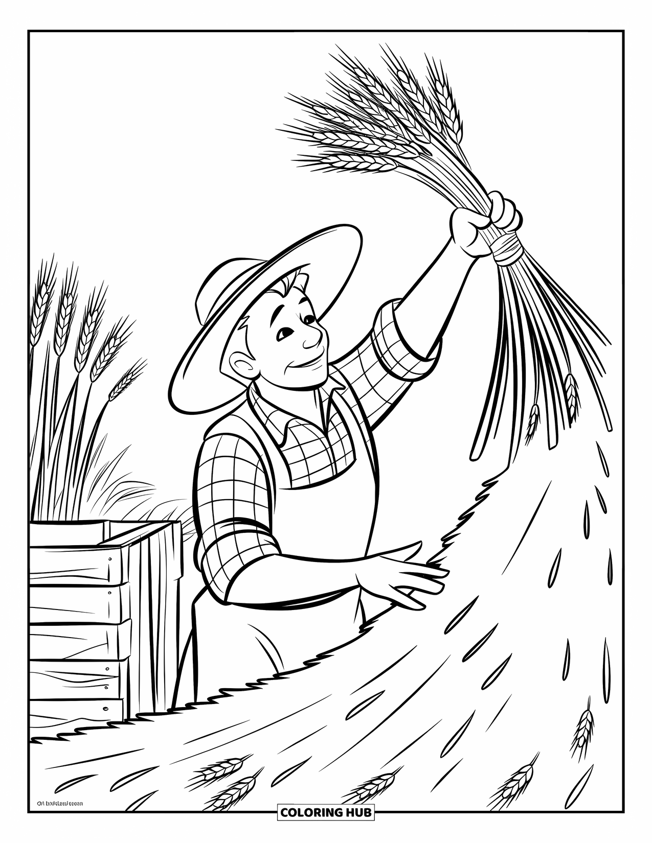 Disegno da colorare Fattoria per bambini: Un contadino con un cappello di paglia getta il grano su una pila crescente