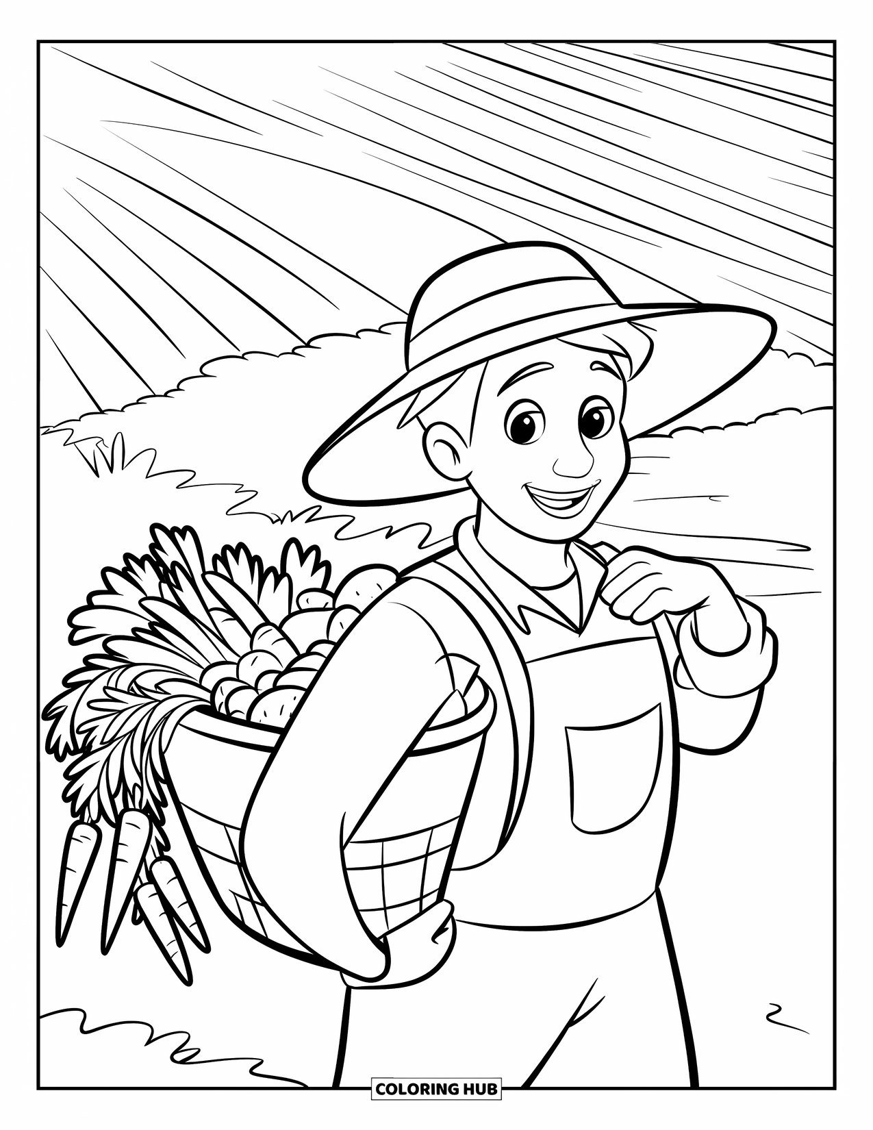 Disegno da colorare Fattoria per bambini: Un contadino in salopette tiene orgogliosamente un cesto di prodotti coltivati in casa