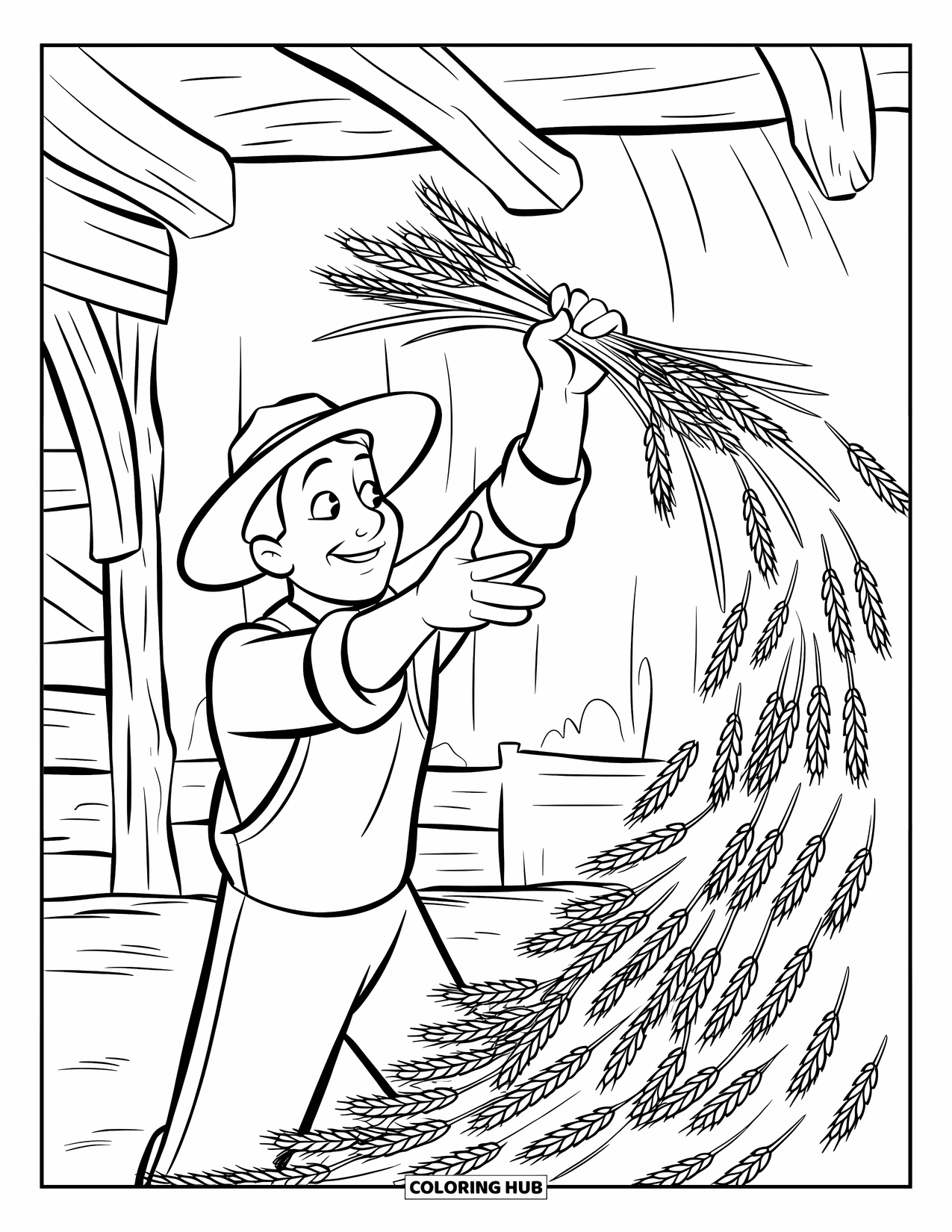 Disegno da colorare Fattoria per bambini: Un contadino impila il grano, circondato da casse di legno e un fienile