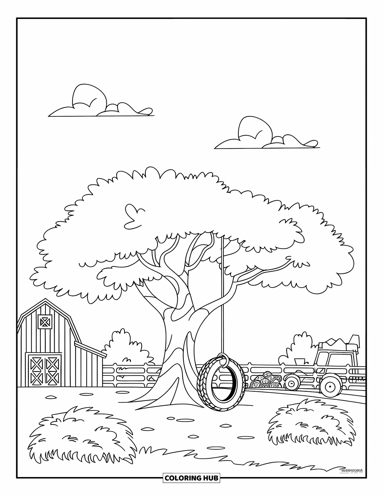 Disegno da colorare Fattoria per bambini: Una scena di cortile con un'altalena su un albero, un fienile e animali al pascolo