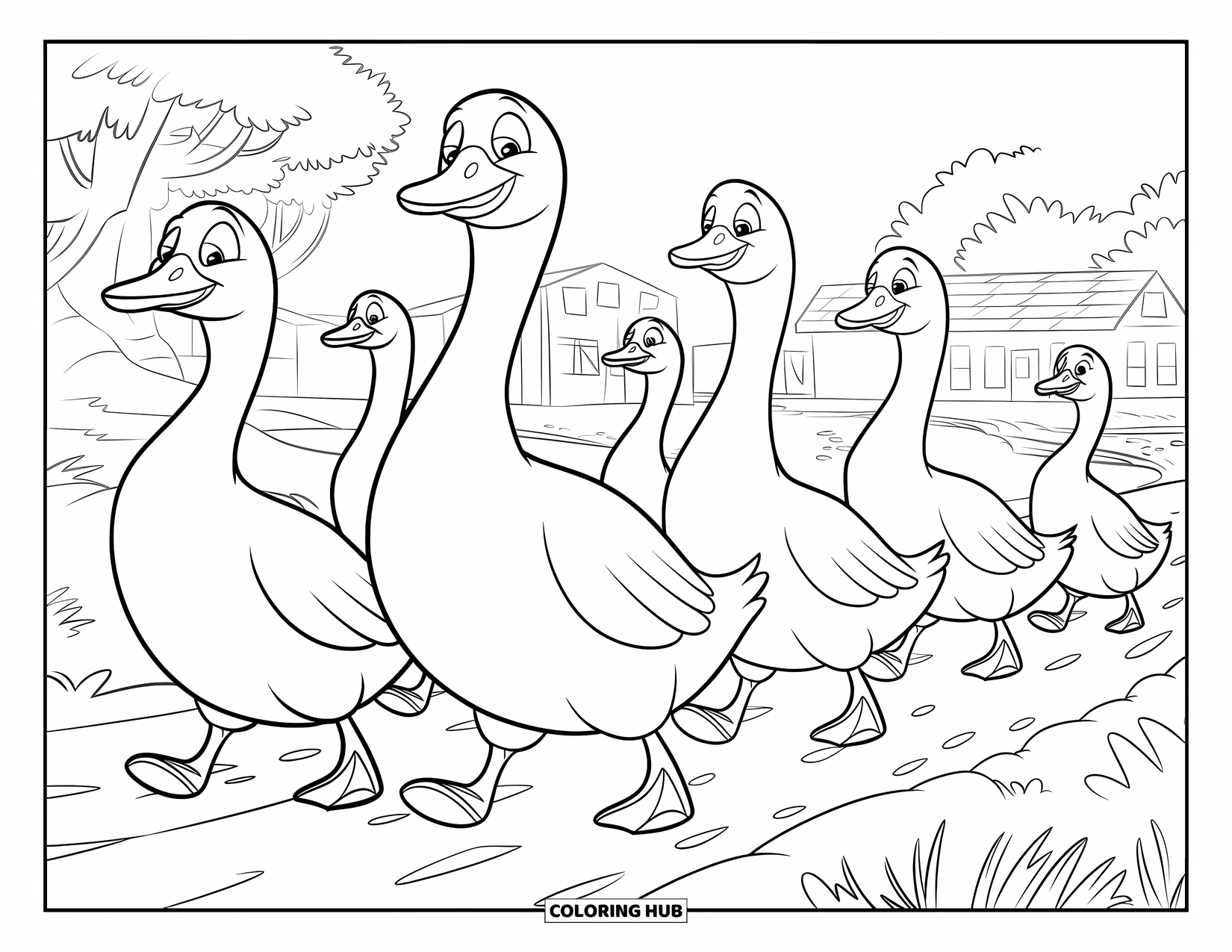 Disegno da colorare Fattoria per bambini: Uno stormo di oche ondeggia in formazione in una fattoria tranquilla