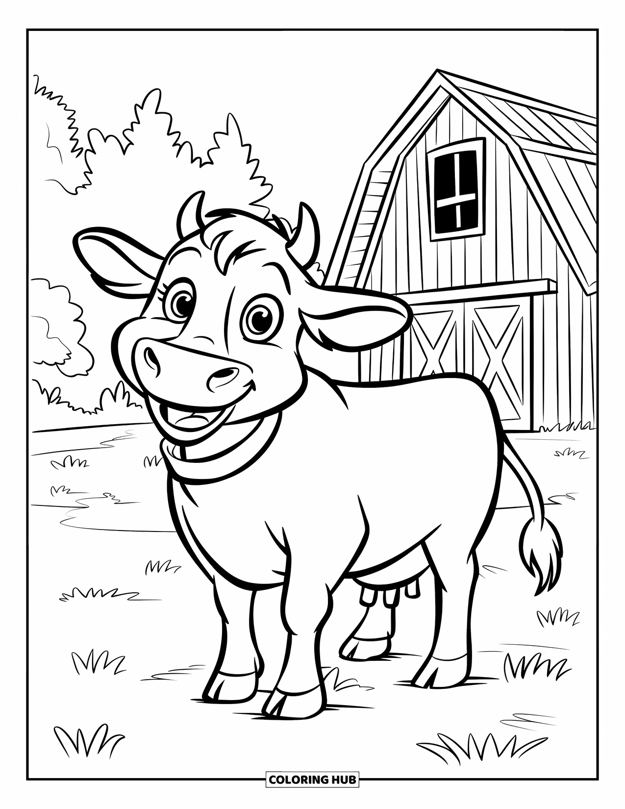 Disegno da colorare Fattoria per bambini: Una mucca amichevole con grandi occhi si gode l'aria fresca della fattoria