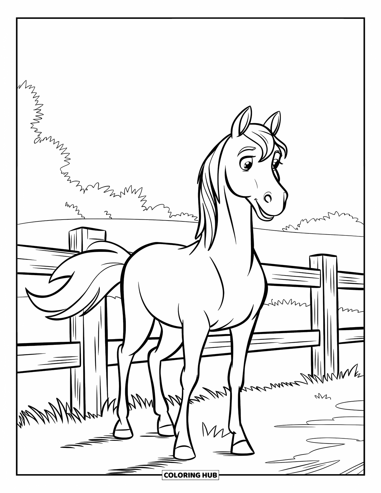 Disegno da colorare Fattoria per bambini: Un cavallo amichevole si gode un momento di tranquillità vicino alla recinzione