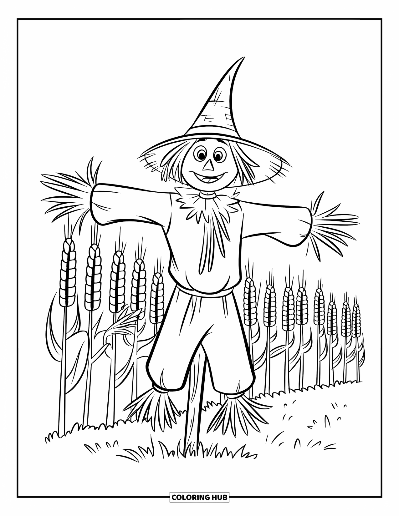 Disegno da colorare Fattoria per bambini: Uno spaventapasseri amichevole veglia su un campo di colture alte