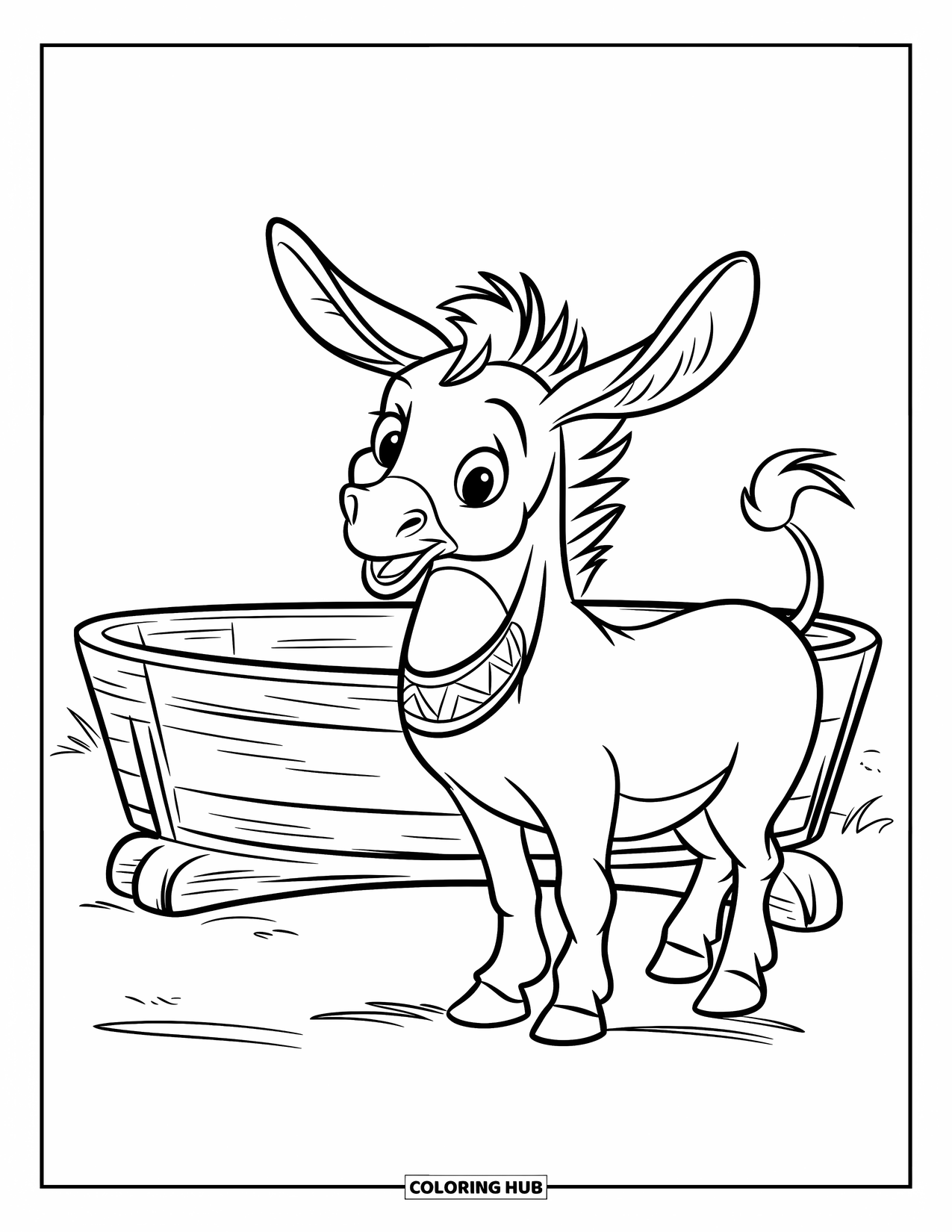 Disegno da colorare Fattoria per bambini: Un asino gentile si gode un momento di tranquillità vicino a una mangiatoia di legno