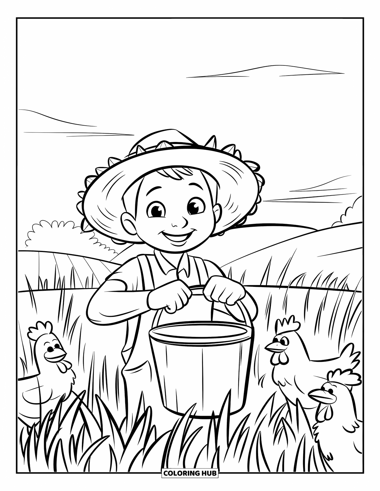 Disegno da colorare Fattoria per bambini: Un contadino felice saluta mentre i polli beccano nelle vicinanze