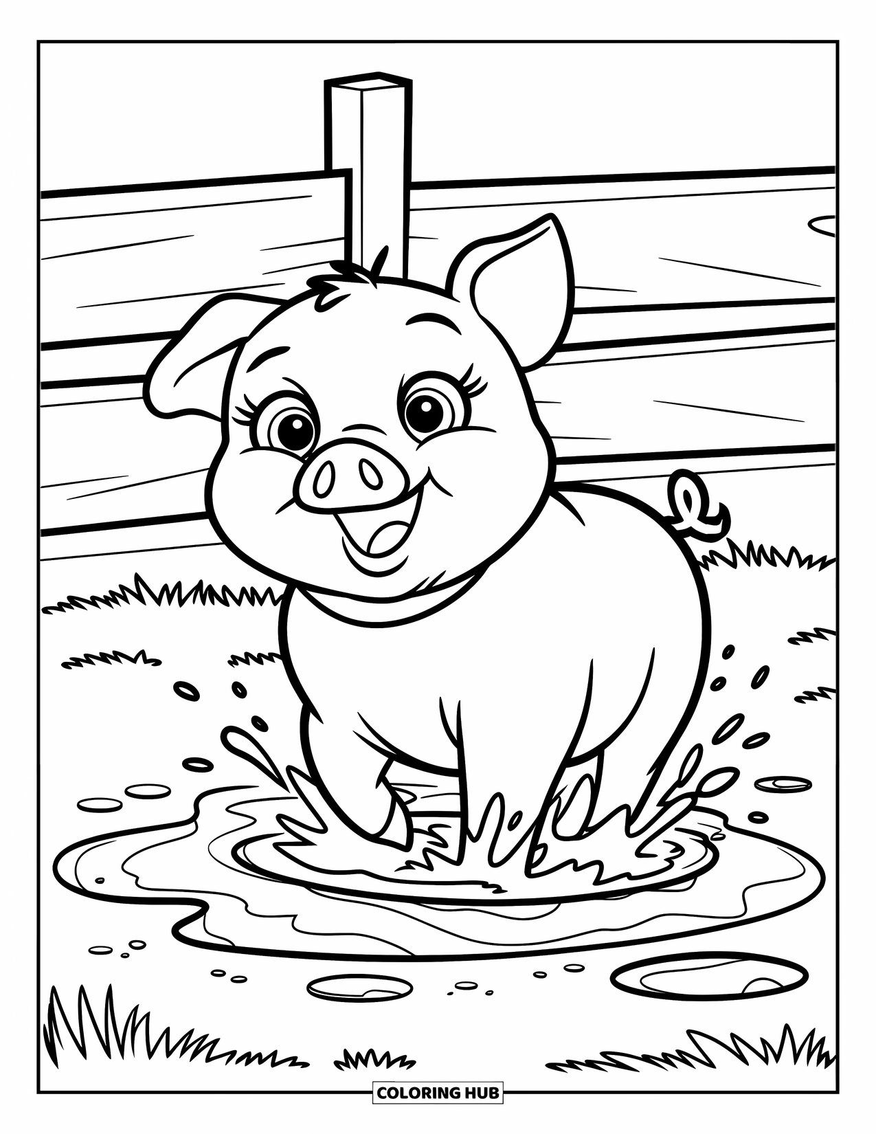 Disegno da colorare Fattoria per bambini: Un maiale felice solleva fango mentre gioca in una pozzanghera