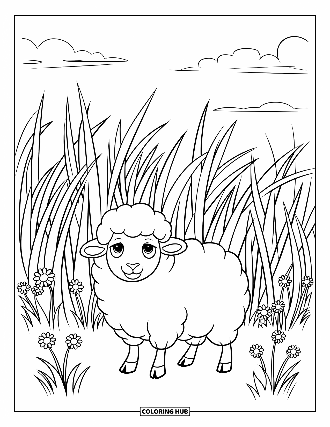 Disegno da colorare Fattoria per bambini: Una pecora felice si trova in un campo pieno di erba morbida e ondeggiante