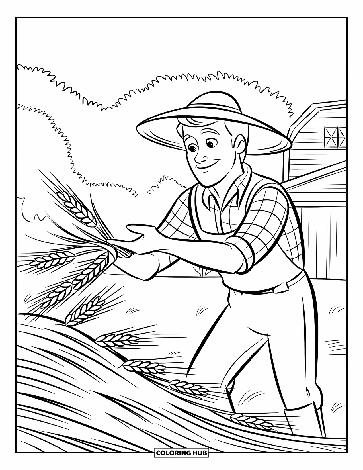 Disegno da colorare Fattoria per bambini: Un contadino laborioso raccoglie il grano in una fattoria rustica