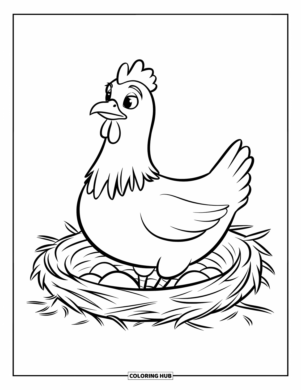 Disegno da colorare Fattoria per bambini: Una gallina siede orgogliosamente sul suo nido, mantenendo le sue uova al caldo