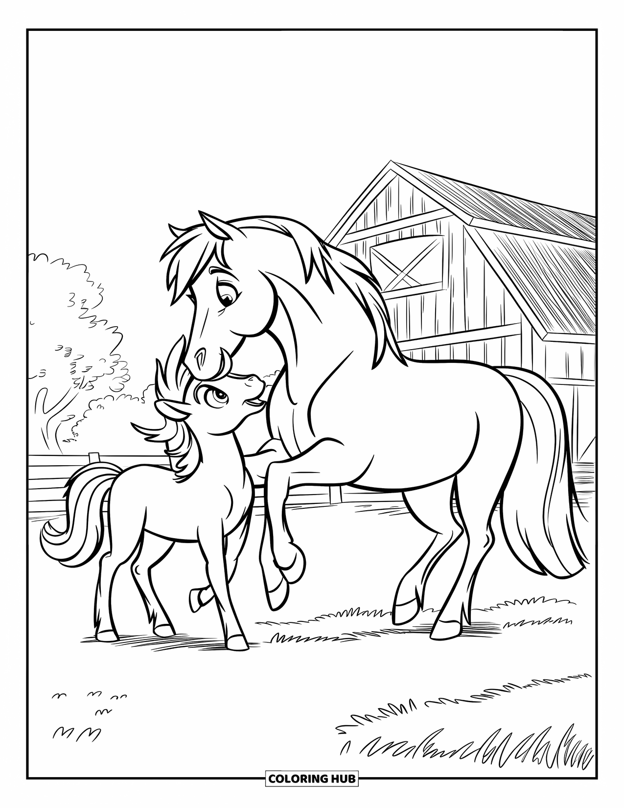 Disegno da colorare Fattoria per bambini: Un cavallo e un pony si coccolano l'un l'altro di fronte al fienile