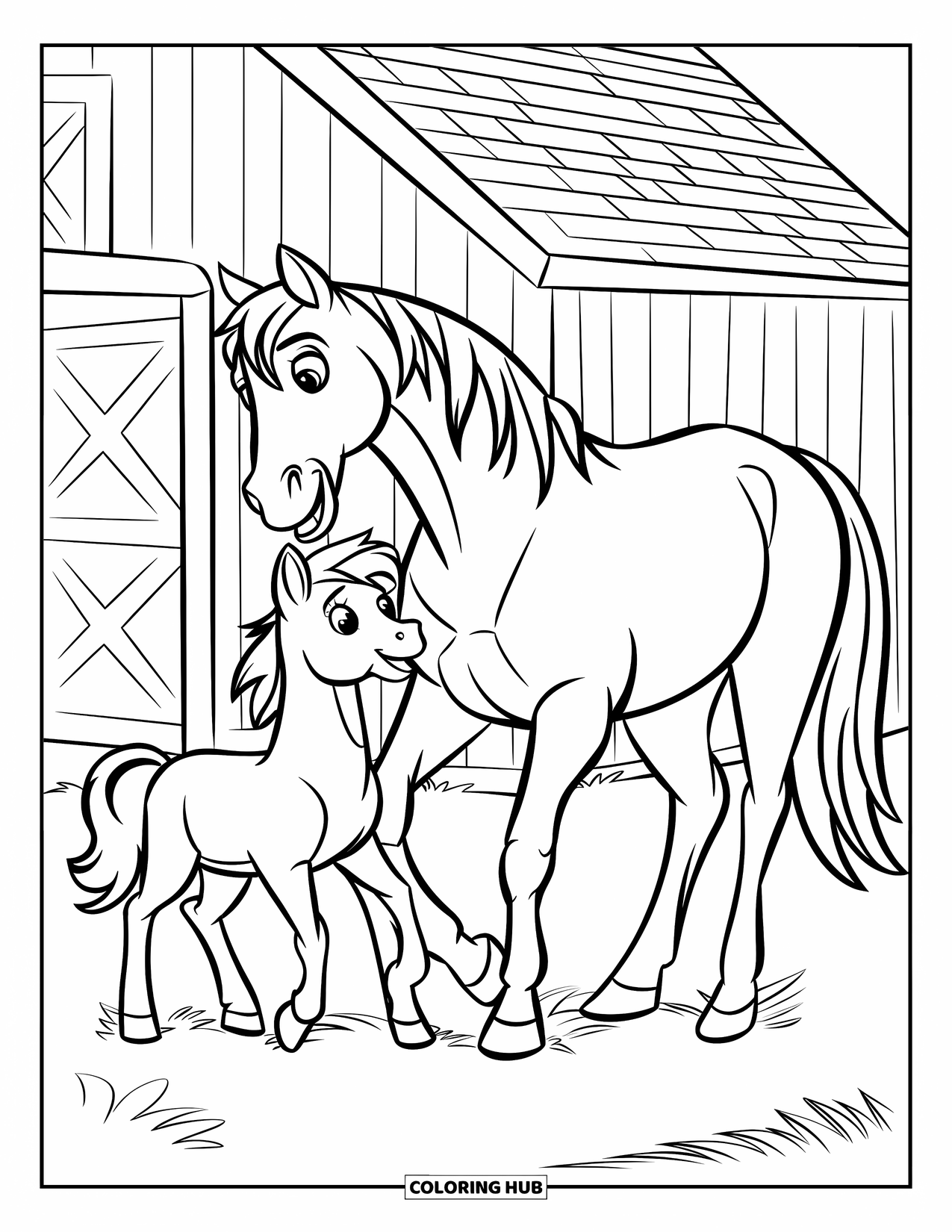 Disegno da colorare Fattoria per bambini: Un cavallo e un pony giocano felici vicino a un grande fienile rosso