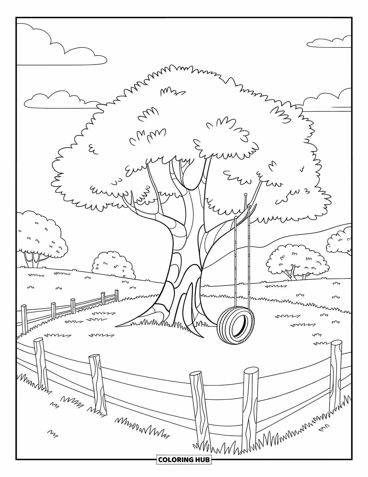 Disegno da colorare Fattoria per bambini: Un grande albero con una classica altalena per pneumatici in una fattoria con dolci colline