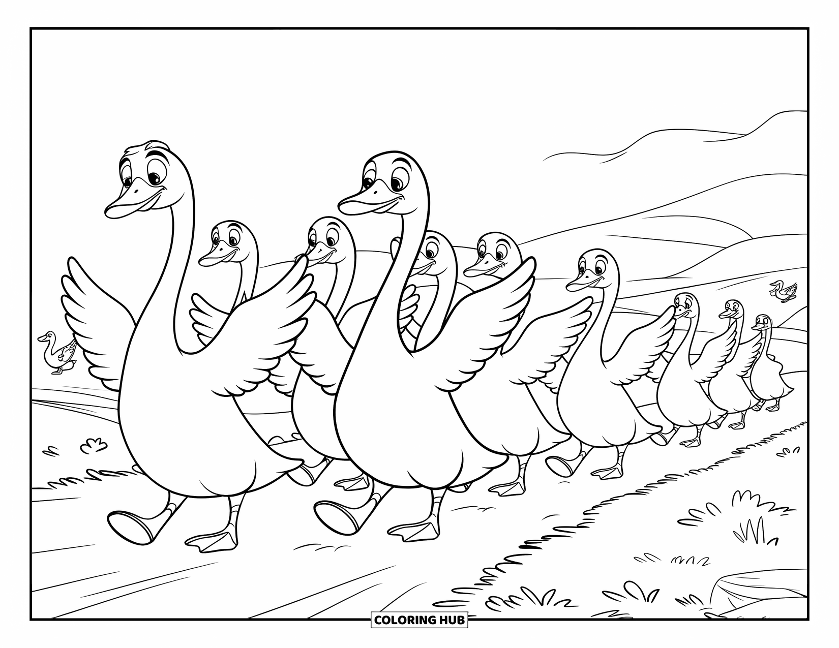 Disegno da colorare Fattoria per bambini: Una fila di oche passeggia lungo un tranquillo sentiero di campagna