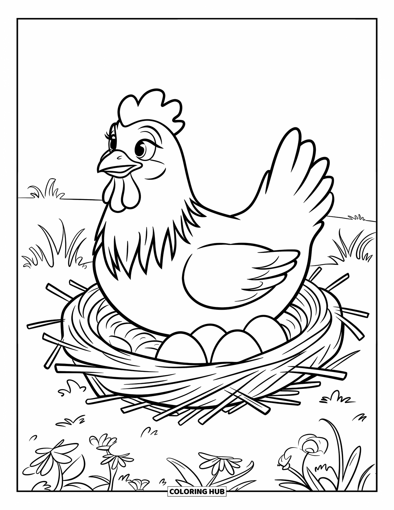 Disegno da colorare Fattoria per bambini: Una chioccia veglia sulle sue uova in un accogliente nido di paglia