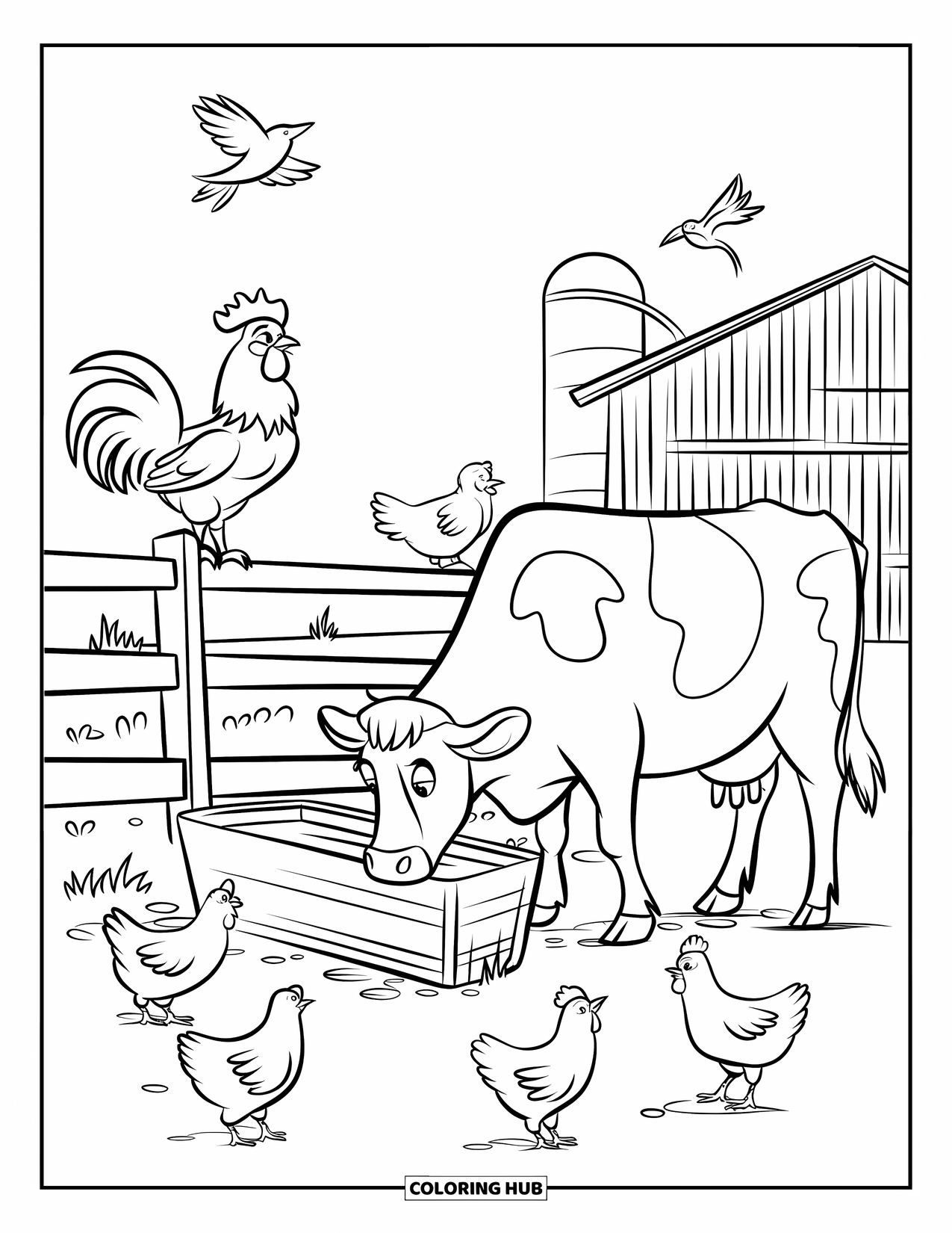 Disegno da colorare Fattoria per bambini: Una scena di fattoria tranquilla con un gallo, mucche e un cielo mattutino luminoso