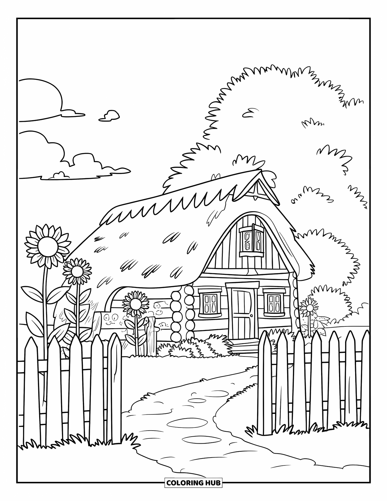 Disegno da colorare Fattoria per bambini: Una fattoria tranquilla con un giardino di girasoli e un sentiero tortuoso