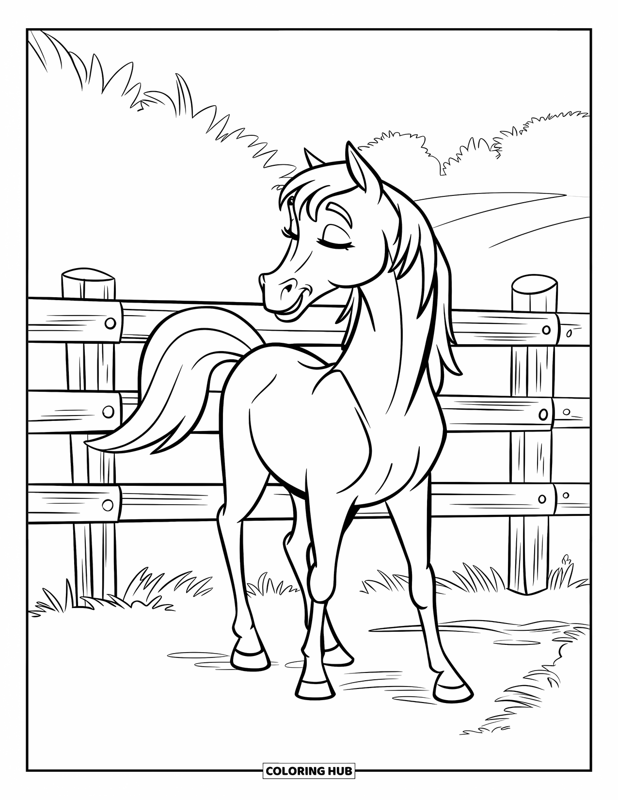 Disegno da colorare Fattoria per bambini: Un cavallo tranquillo riposa accanto a una rustica recinzione di legno