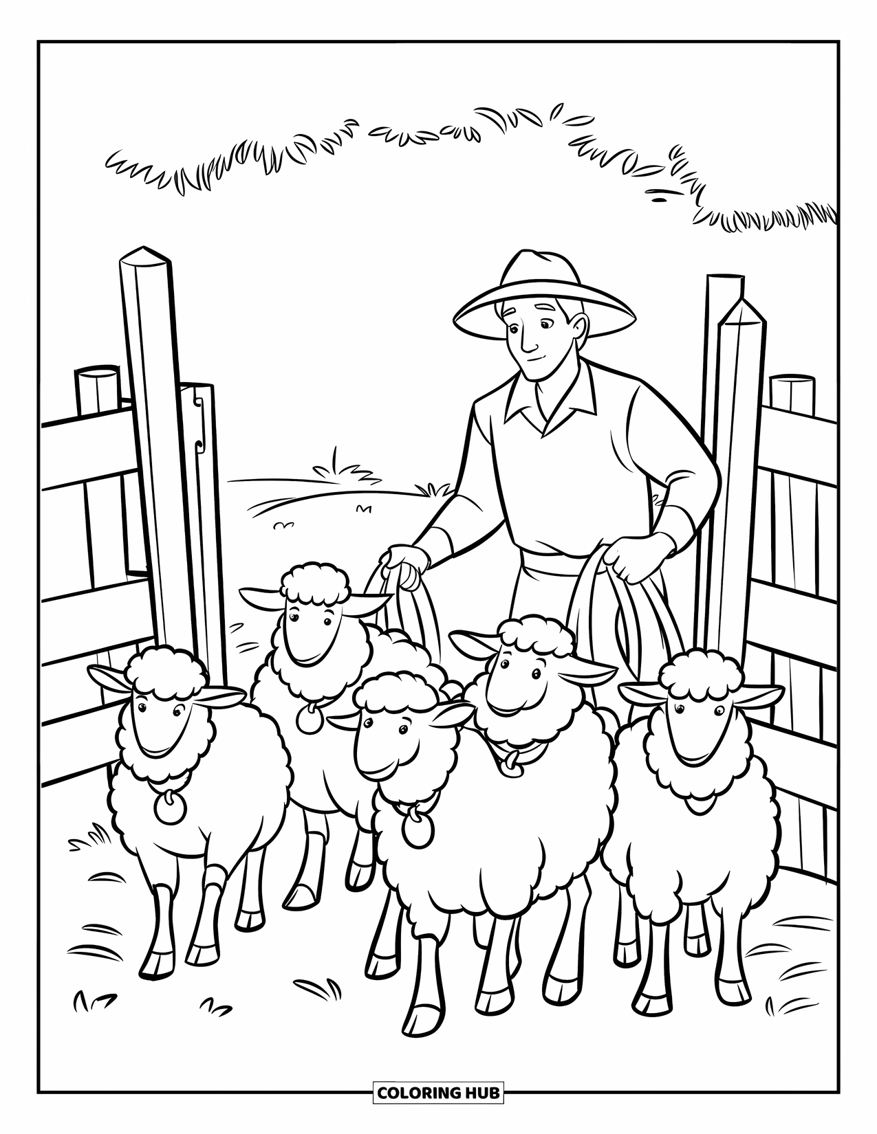 Disegno da colorare Fattoria per bambini: Un momento di pace mentre un contadino conduce le pecore attraverso una recinzione di legno