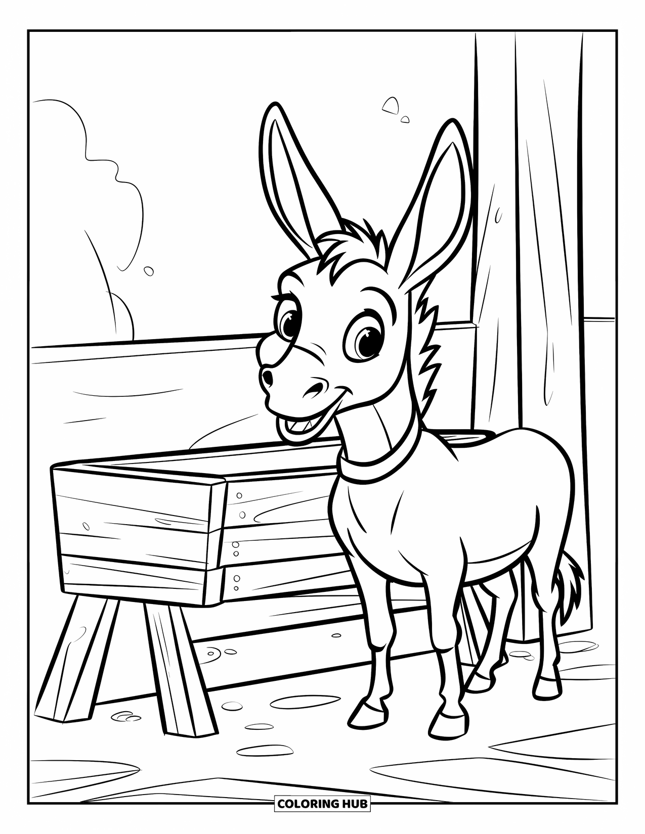 Disegno da colorare Fattoria per bambini: Un asino giocoso si trova vicino a una mangiatoia, con le orecchie dritte