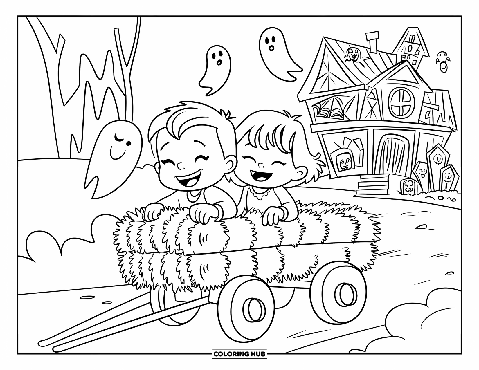 Disegno da colorare Fattoria per bambini: Una scena di giro sul fieno giocosa con bambini, zucche e un'ambientazione infestata