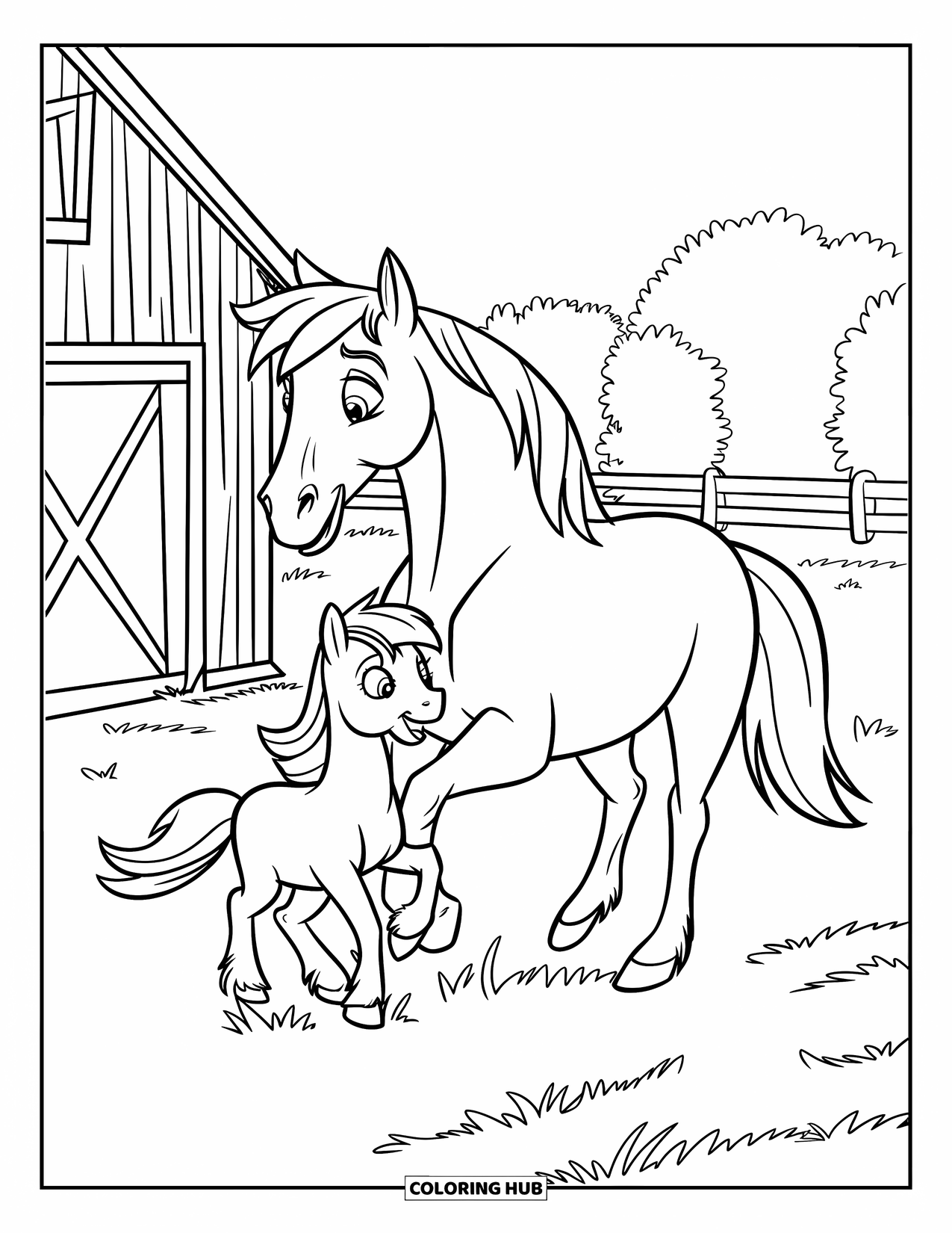 Disegno da colorare Fattoria per bambini: Un pony giocoso e un cavallo amichevole trottano attraverso un campo erboso