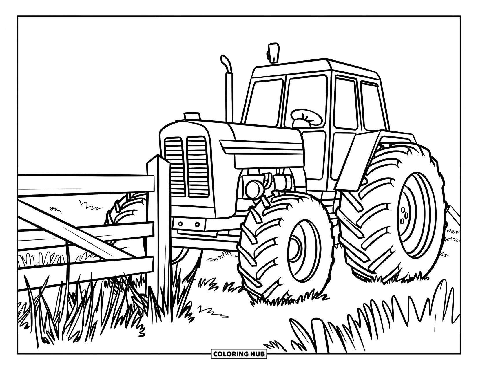 Disegno da colorare Fattoria per bambini: Un potente trattore con ruote sovradimensionate aspetta vicino a una recinzione di legno