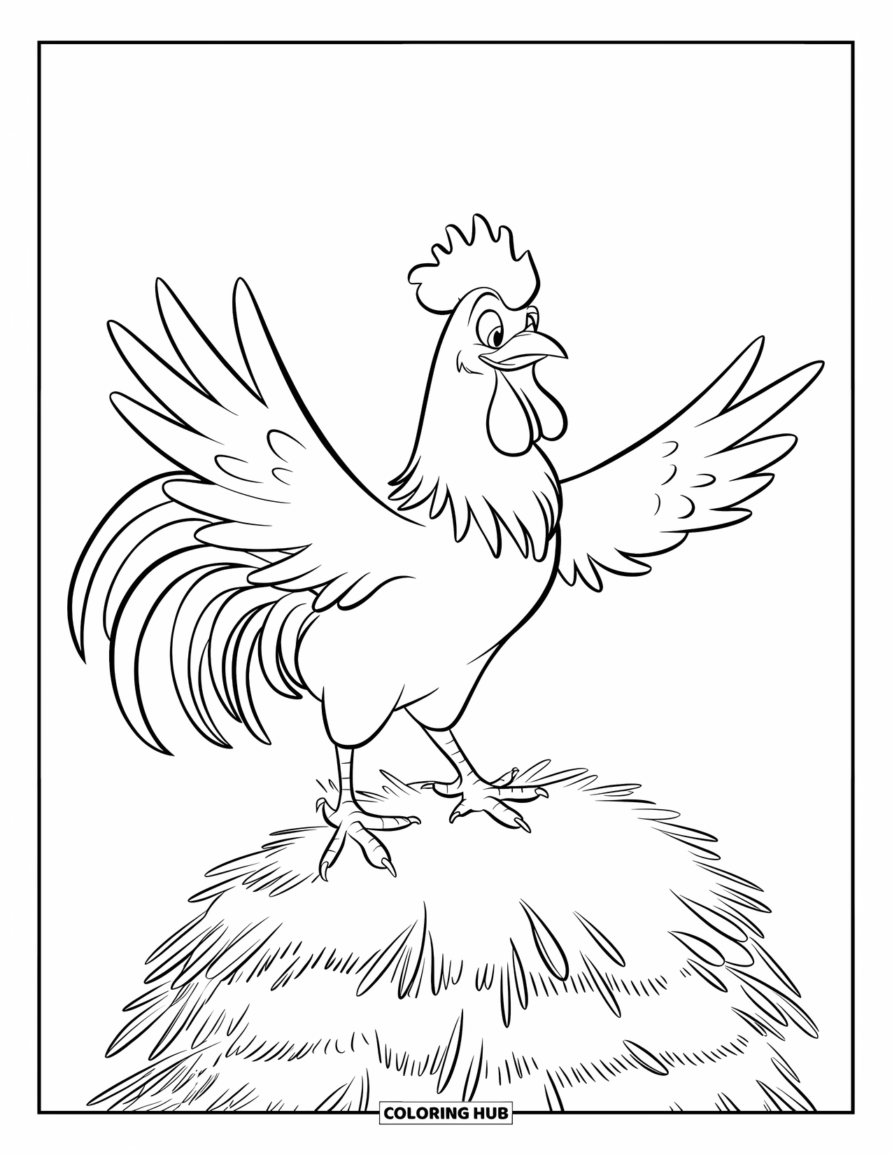 Disegno da colorare Fattoria per bambini: Un gallo orgoglioso si erge su un pagliaio sotto un cielo sereno