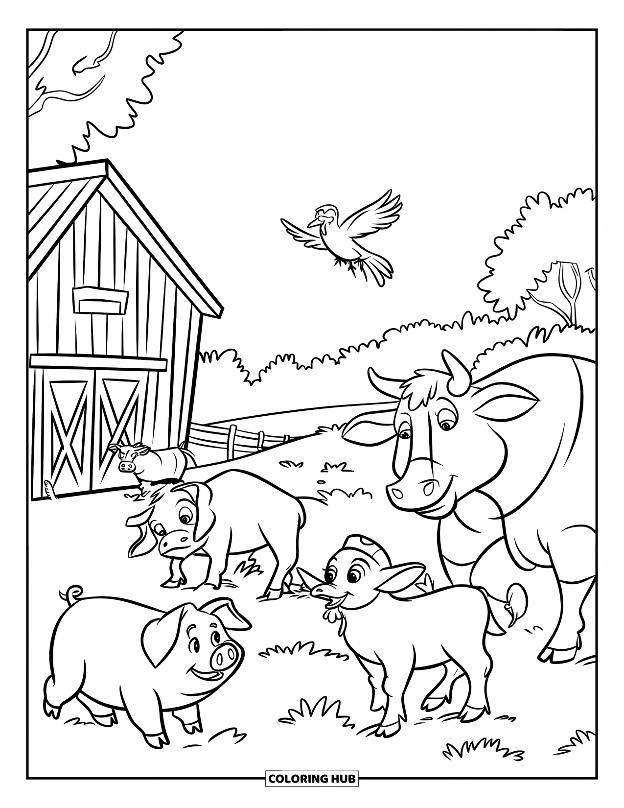 Disegno da colorare Fattoria per bambini: Un gallo canta mentre il sole del mattino sorge sul fienile