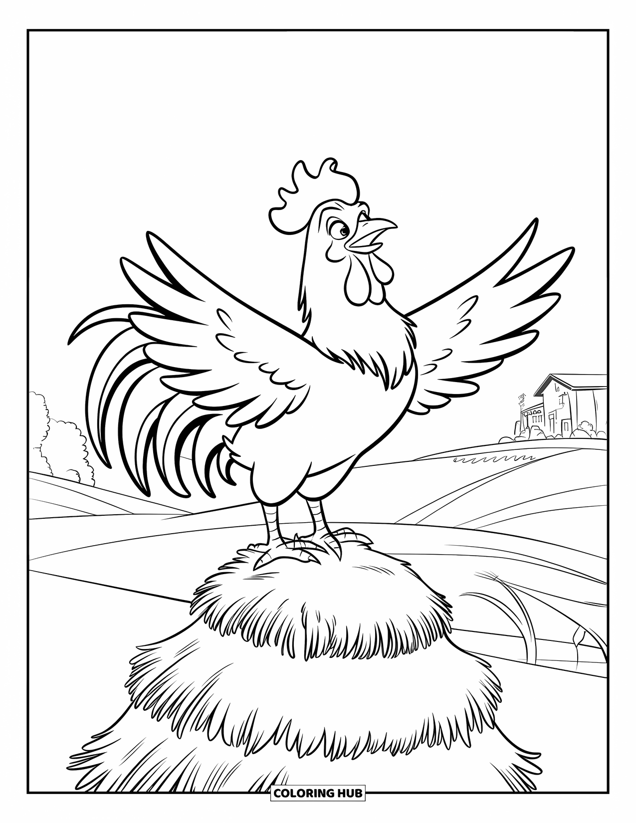 Disegno da colorare Fattoria per bambini: Un gallo canta su un pagliaio, salutando il nuovo giorno della fattoria