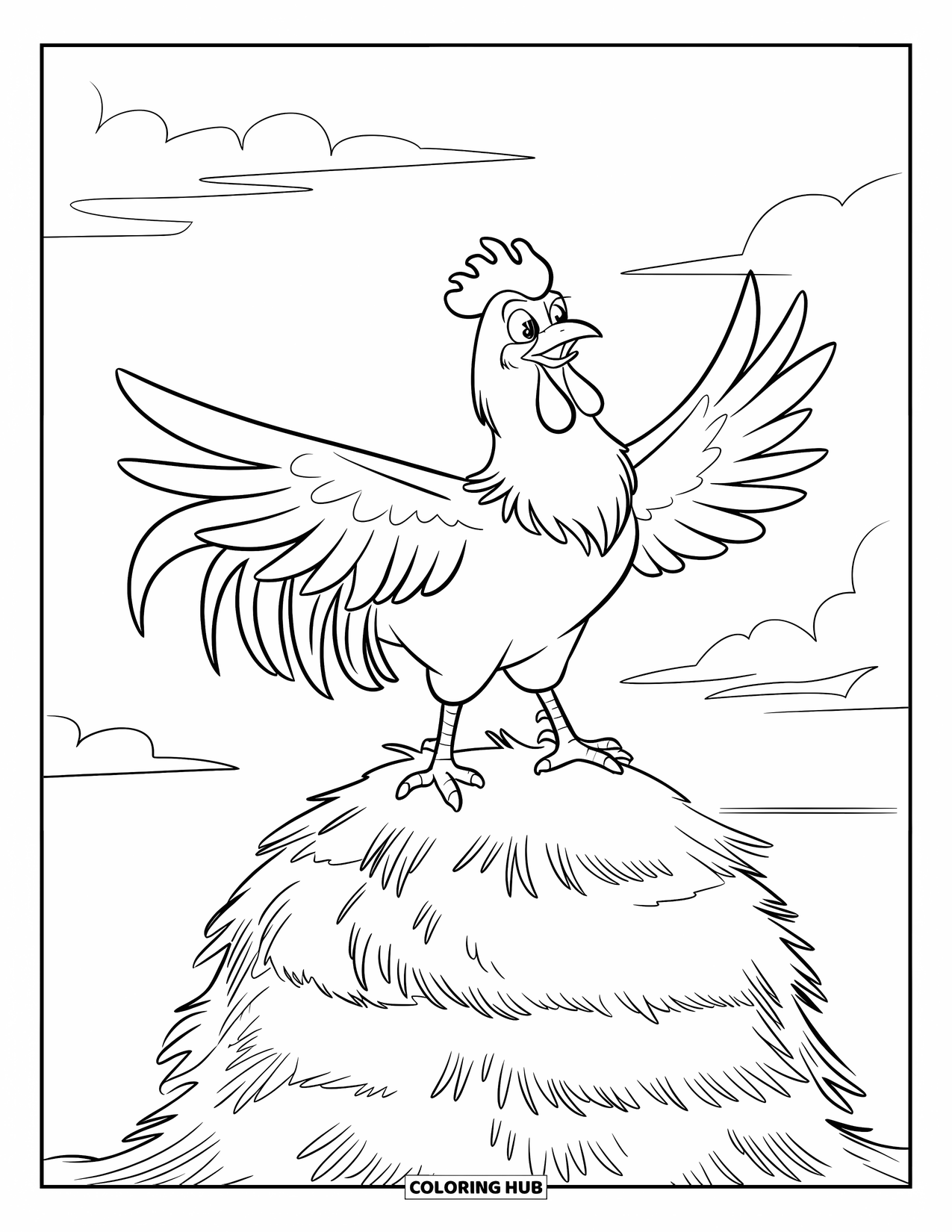 Disegno da colorare Fattoria per bambini: Un gallo allunga le ali con orgoglio mentre si trova su un pagliaio