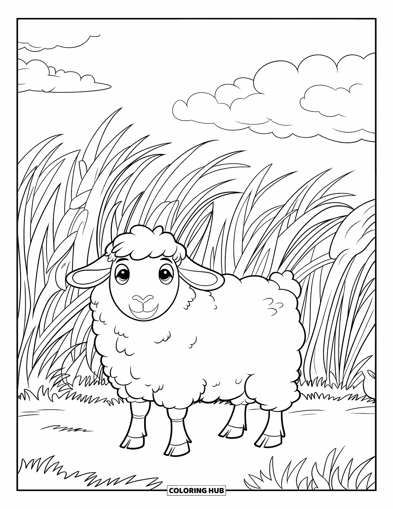 Disegno da colorare Fattoria per bambini: Una pecora rotonda e lanosa si gode la tranquilla campagna