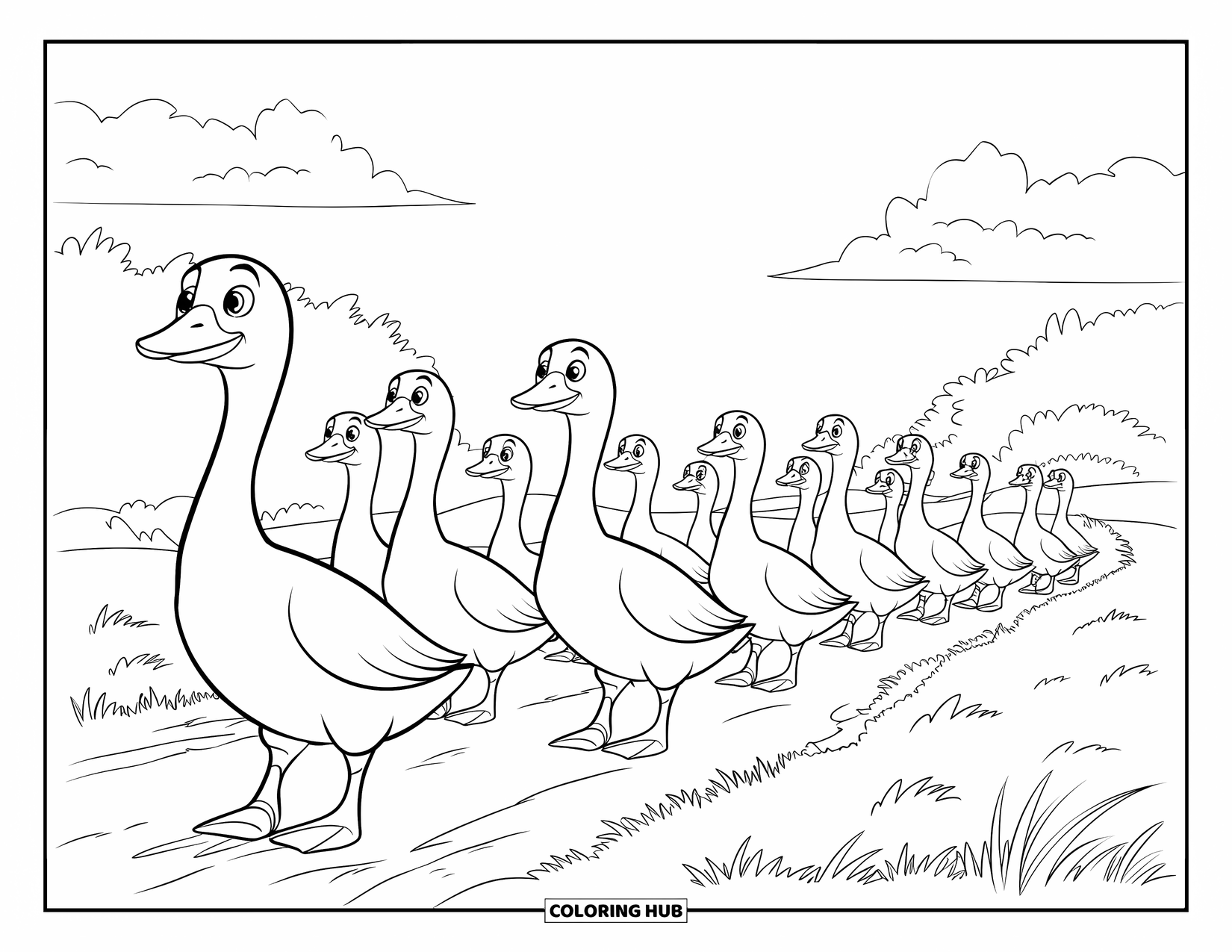 Disegno da colorare Fattoria per bambini: Una fila di oche ondeggia lungo un sentiero sterrato attraverso un campo erboso