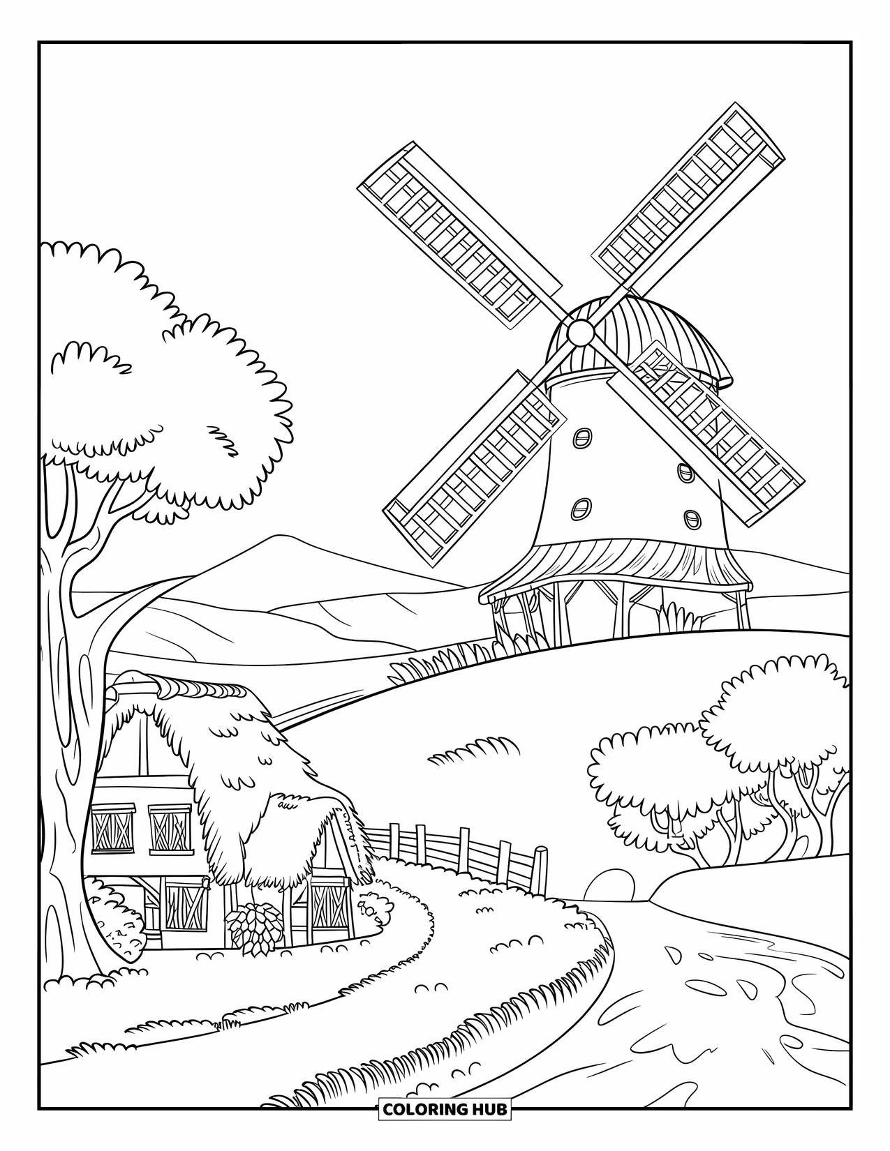 Disegno da colorare Fattoria per bambini: Un mulino a vento panoramico in una fattoria, circondato da recinzioni e un fiume