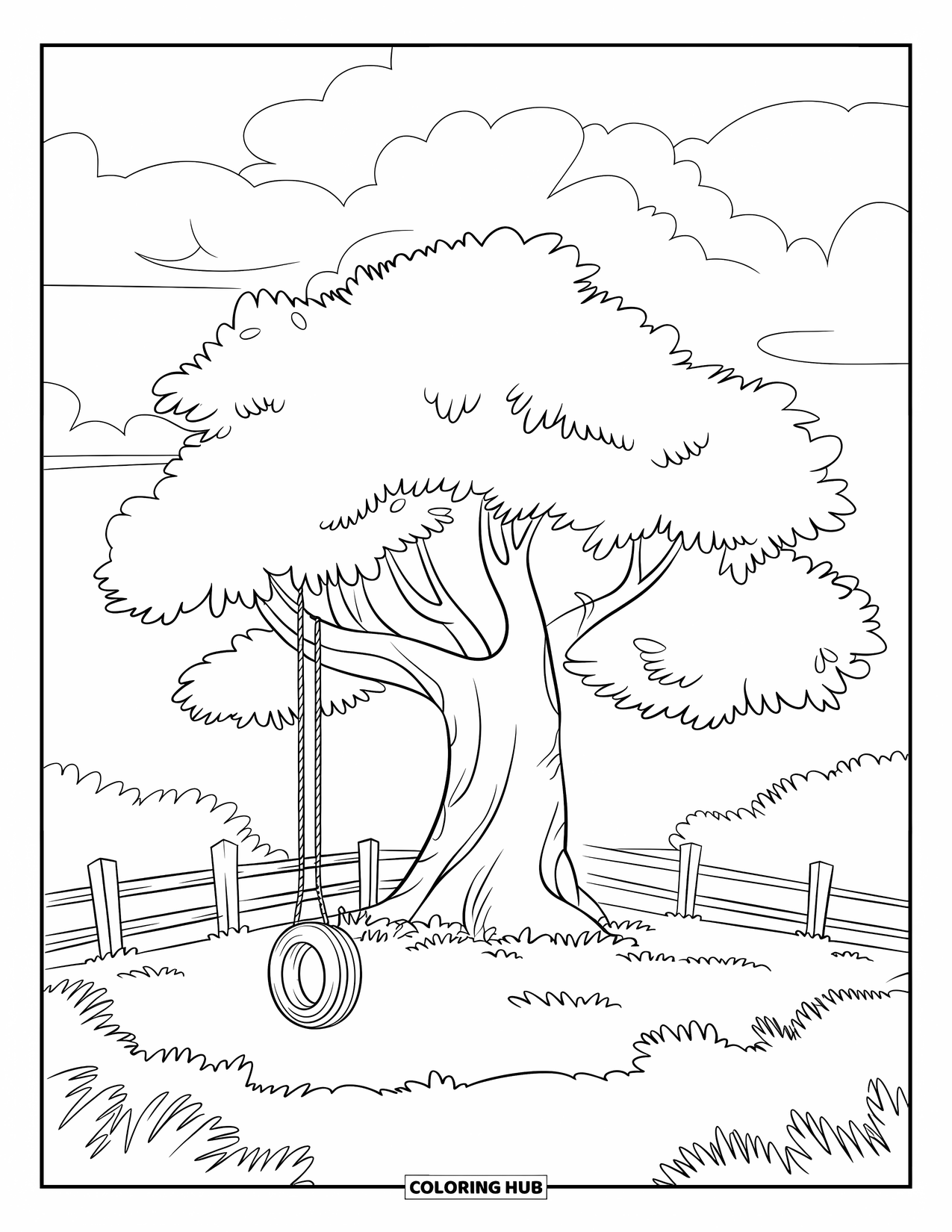 Disegno da colorare Fattoria per bambini: Un albero ombroso con un'altalena per pneumatici, circondato da una recinzione di legno