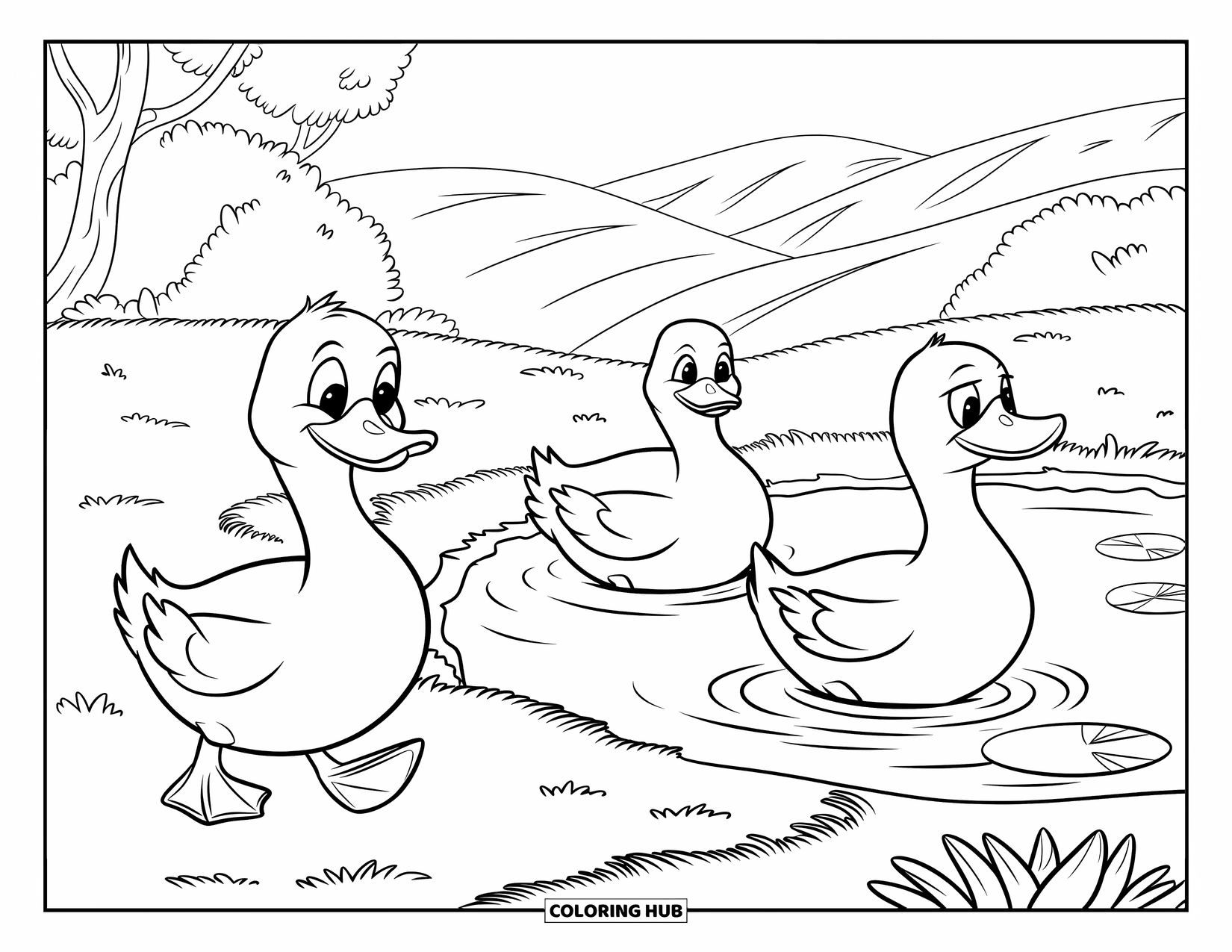 Disegno da colorare Fattoria per bambini: Un piccolo gruppo di anatre ondeggia lungo il bordo dell'acqua