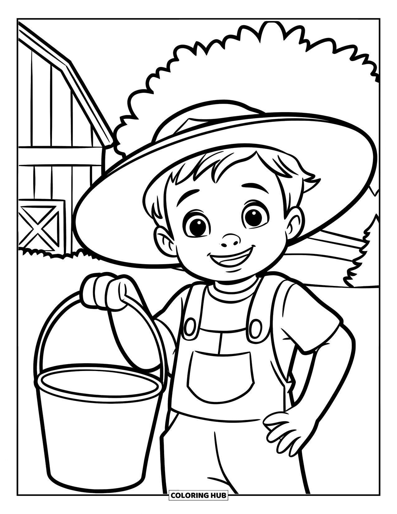 Disegno da colorare Fattoria per bambini: Un contadino sorridente saluta felice mentre trasporta un secchio
