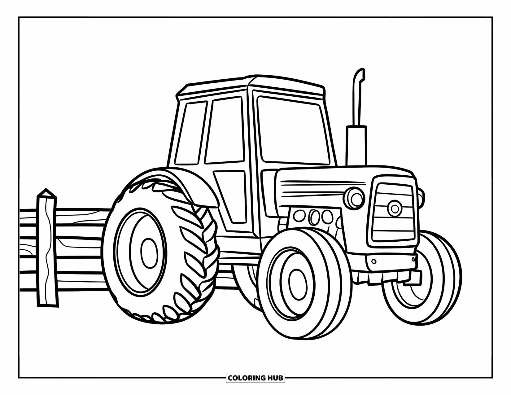 Disegno da colorare Fattoria per bambini: Un trattore sorridente con ruote enormi si trova vicino a un cancello rustico della fattoria