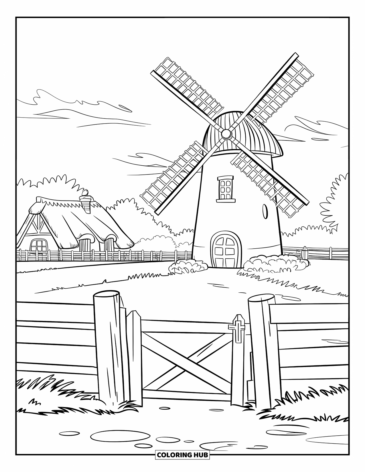 Disegno da colorare Fattoria per bambini: Un mulino a vento rotante aggiunge fascino a una tranquilla fattoria di campagna