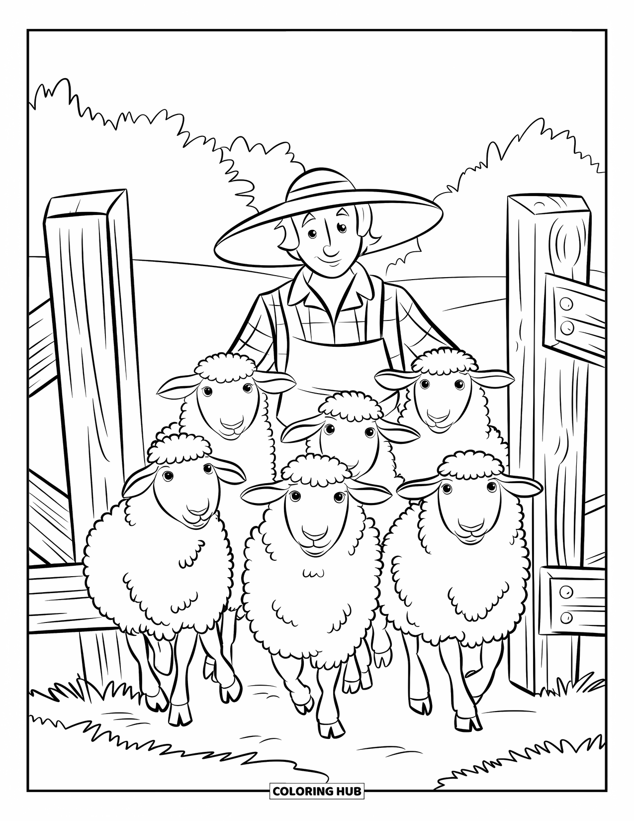 Disegno da colorare Fattoria per bambini: Un contadino con un cappello di paglia guida cinque pecore soffici in un campo verde