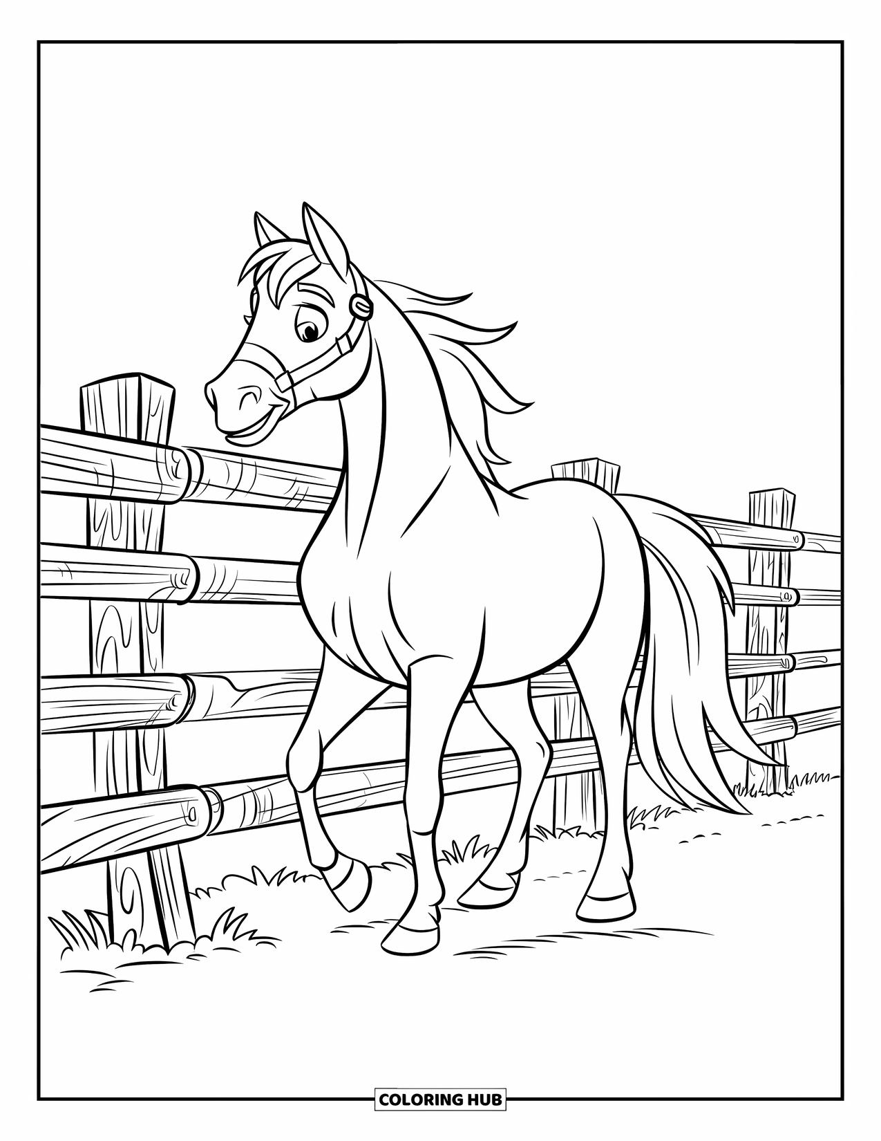 Disegno da colorare Fattoria per bambini: Un cavallo forte si trova vicino a una recinzione di legno, con la coda che si agita
