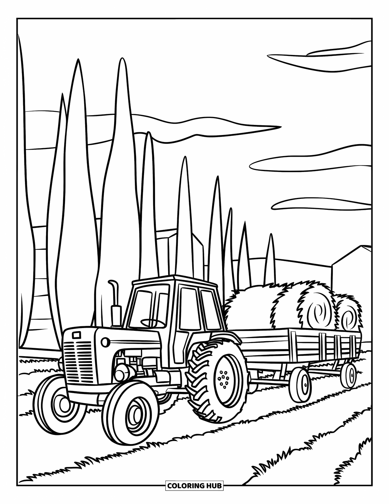 Disegno da colorare Fattoria per bambini: Un trattore romba oltre gli alberi, trainando un carro pieno di fieno
