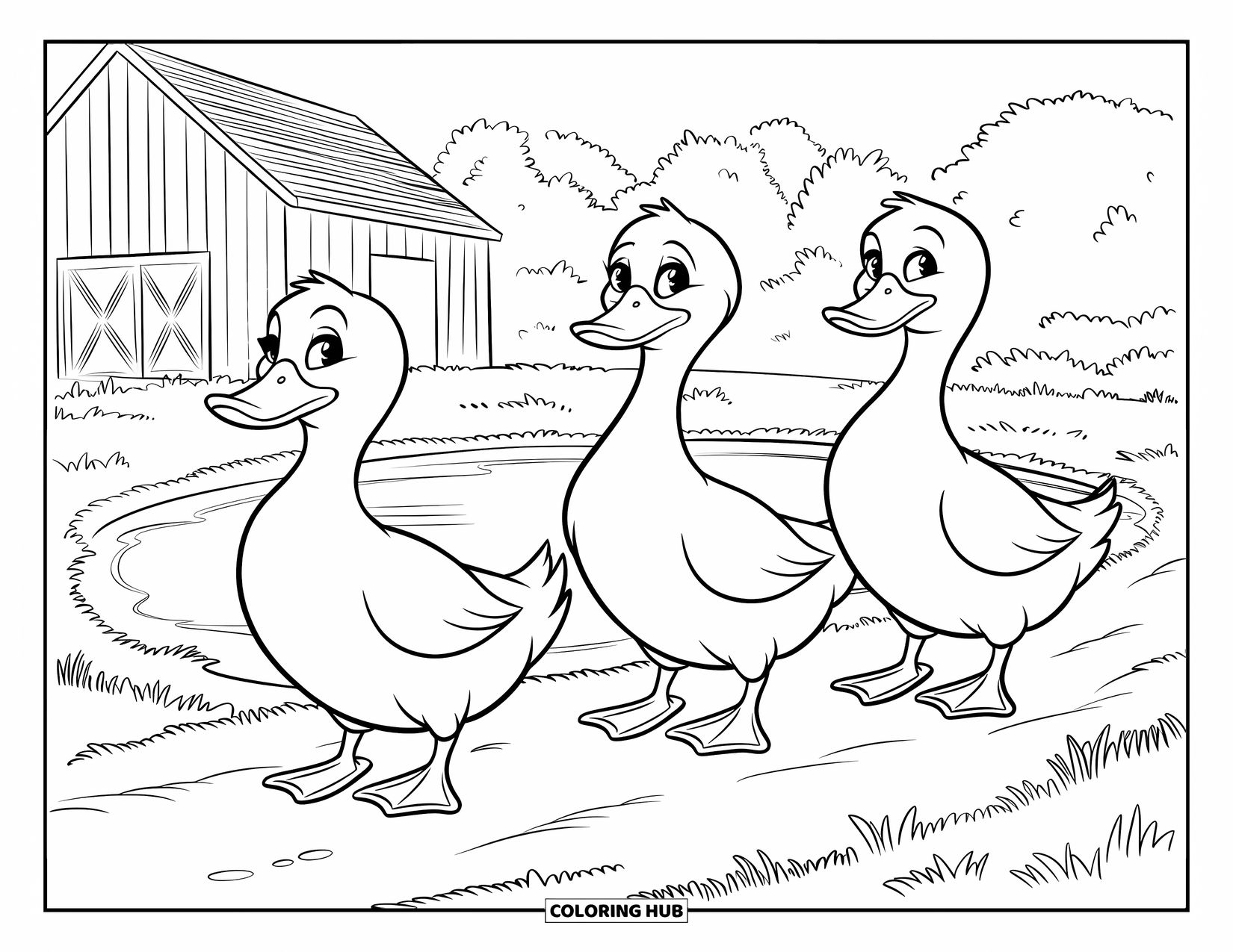 Disegno da colorare Fattoria per bambini: Un trio di anatre si gode una lenta passeggiata vicino a uno stagno coperto di ninfee