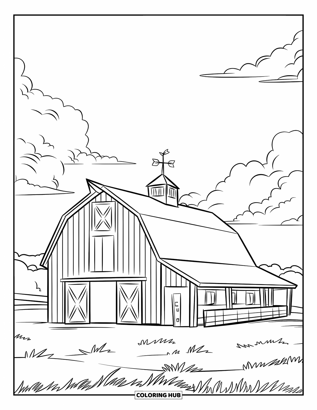 Disegno da colorare Fattoria per bambini: Un fienile di legno si erge in un campo tranquillo sotto un cielo nuvoloso