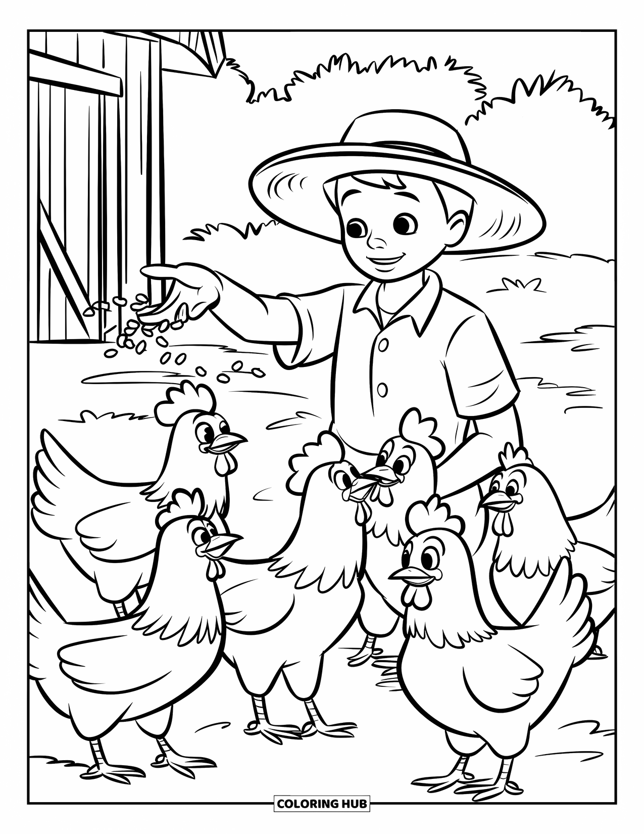 Disegno da colorare Fattoria per bambini: Un giovane contadino nutre uno stormo di polli felici e affamati