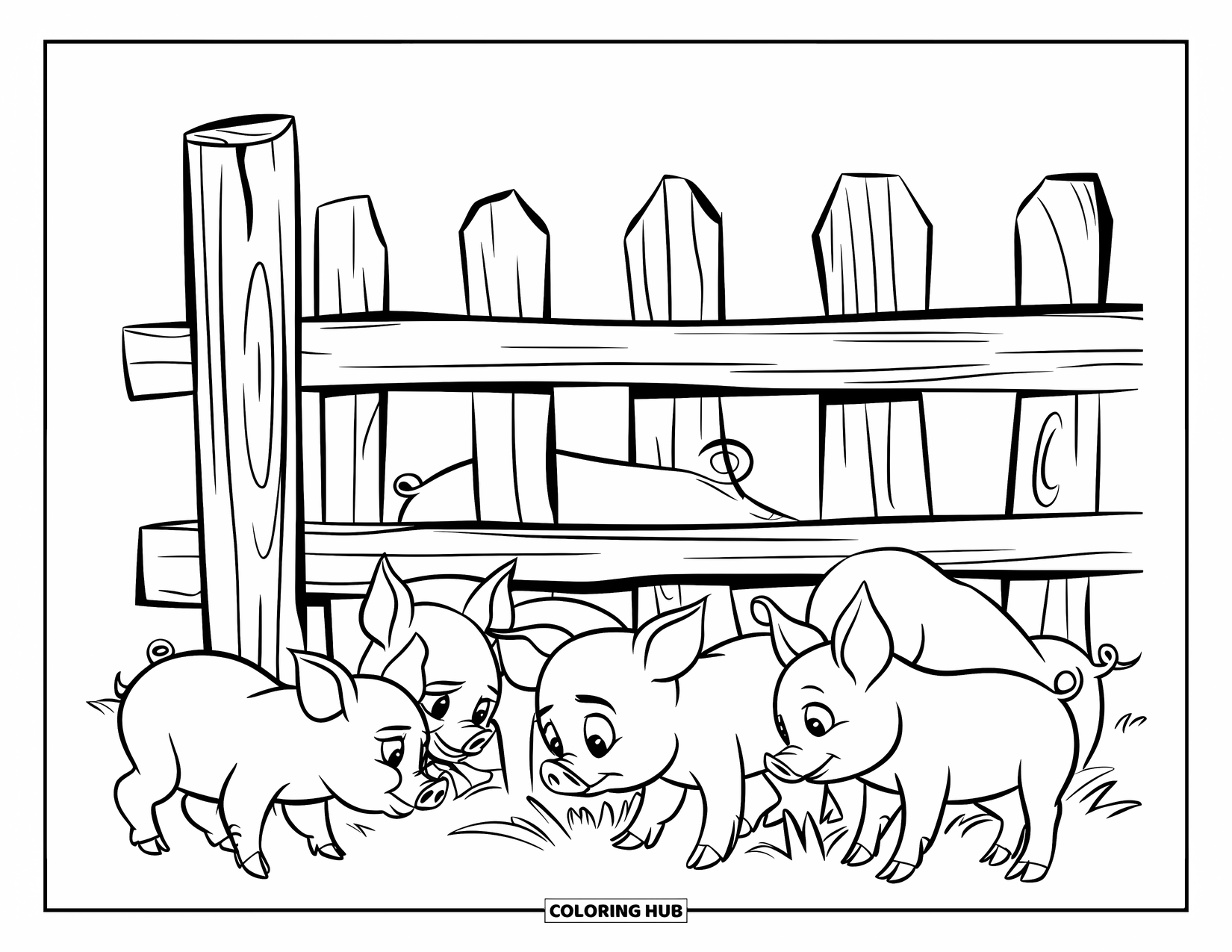 Disegno da colorare Fattoria per bambini: Adorabili maialini sbirciano attraverso una recinzione rustica in un campo erboso