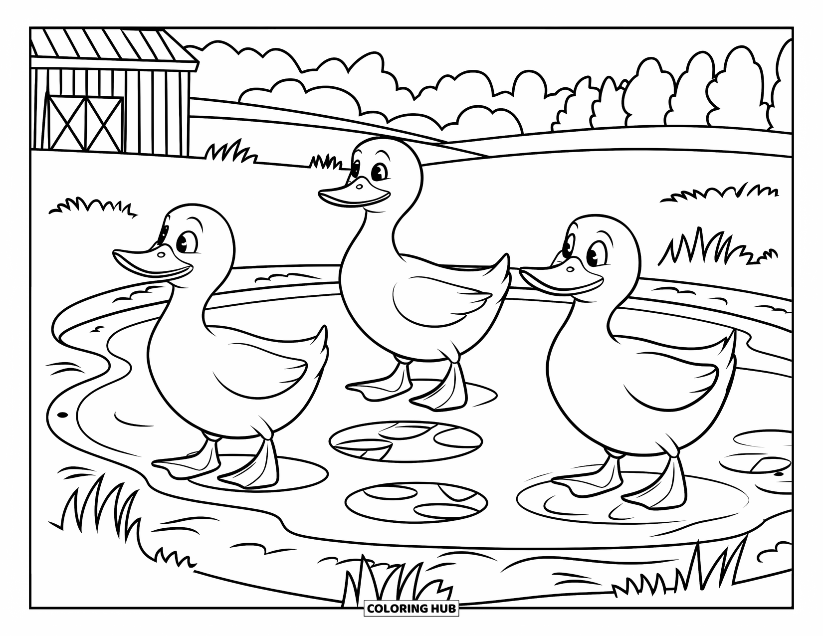 Disegno da colorare Fattoria per bambini: Tre anatre amichevoli esplorano lo stagno della fattoria, in cerca di avventure