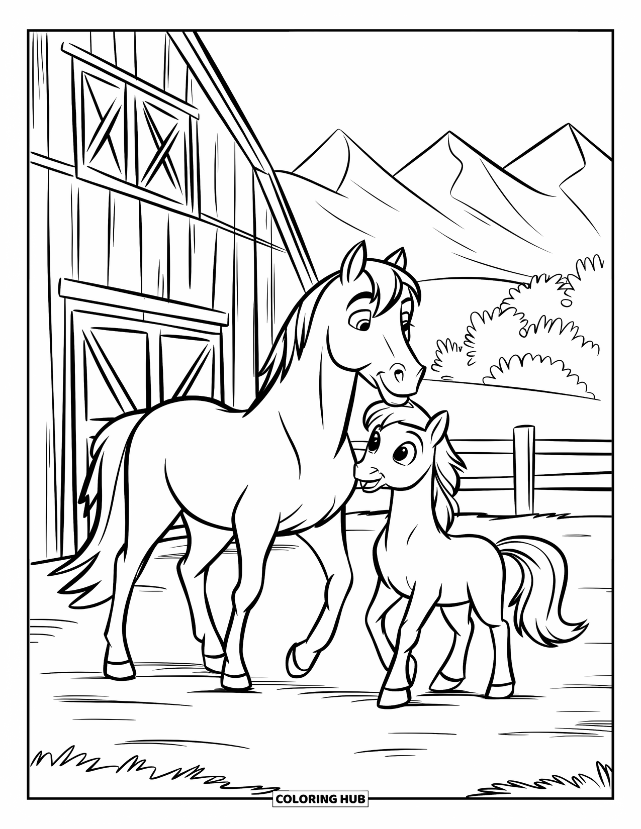 Disegno da colorare Fattoria per bambini: Due amici della fattoria, un cavallo e un pony, si godono un pomeriggio di sole