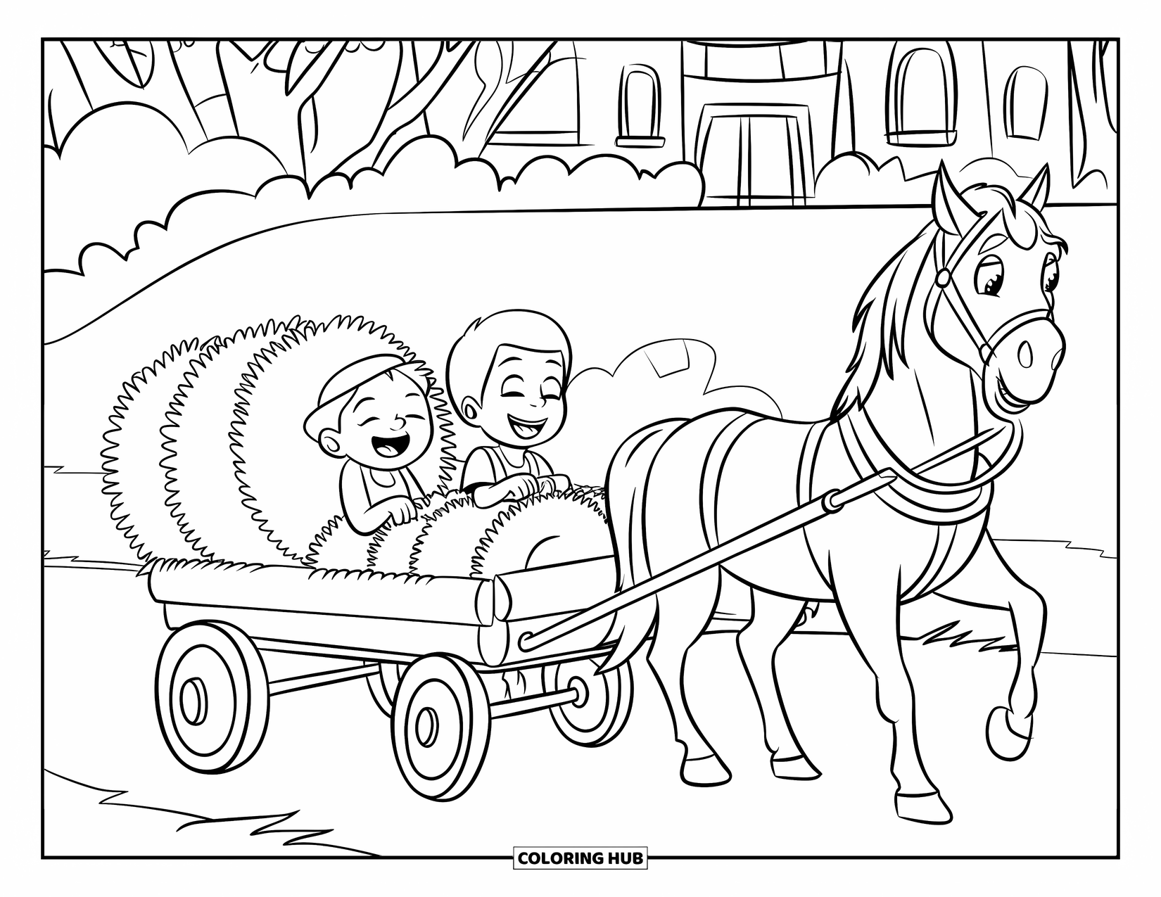 Disegno da colorare Fattoria per bambini: Due bambini ridono in un carro pieno di balle di fieno durante un allegro giro sul fieno
